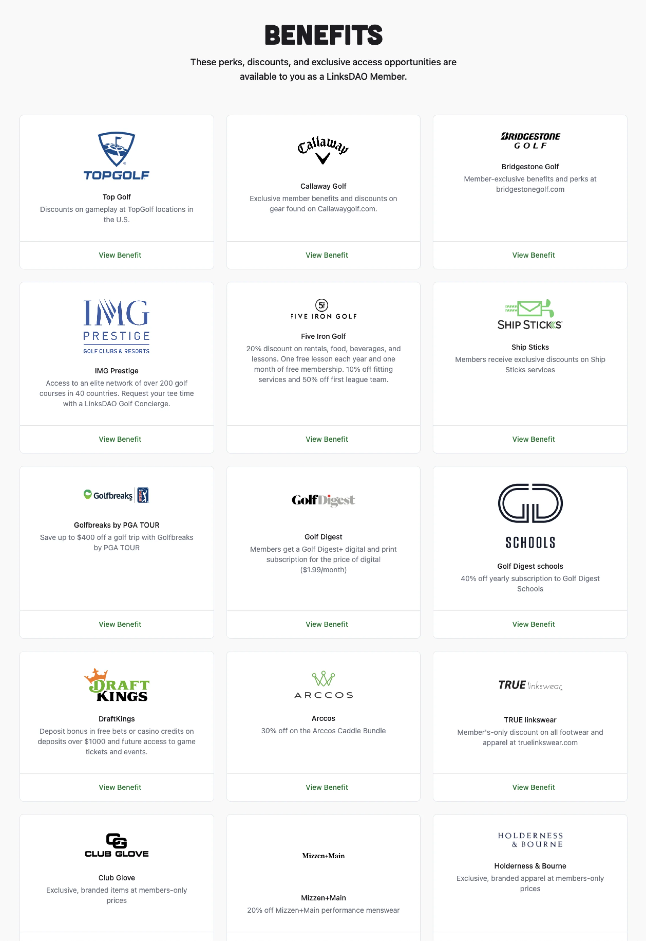 The original Benefits page: a three-column grid of partner logos, each with one line of text and a View Benefit link.