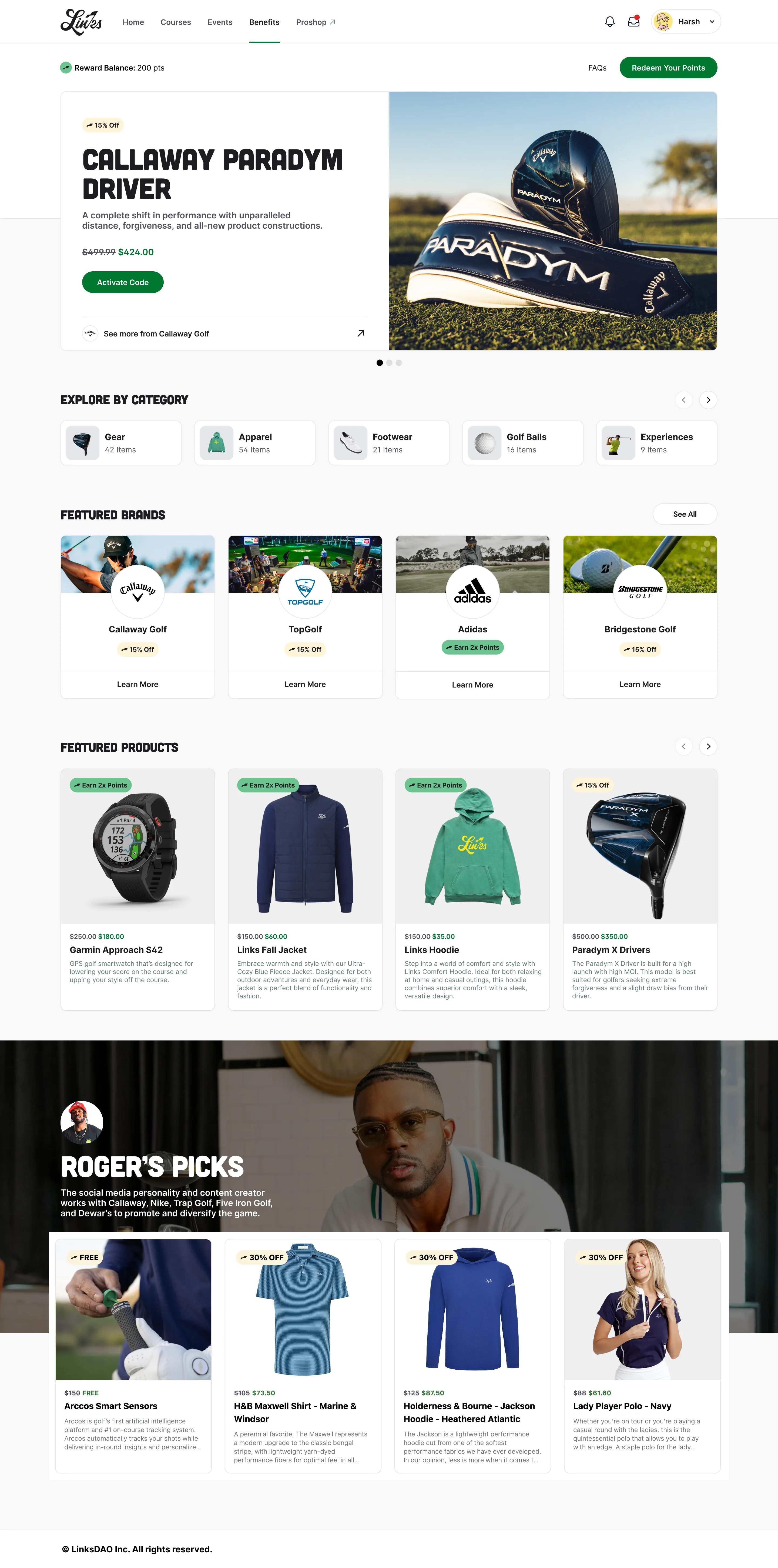 The redesigned Benefits home: a featured Callaway offer, categories, featured brands, featured products and a curated picks section.
