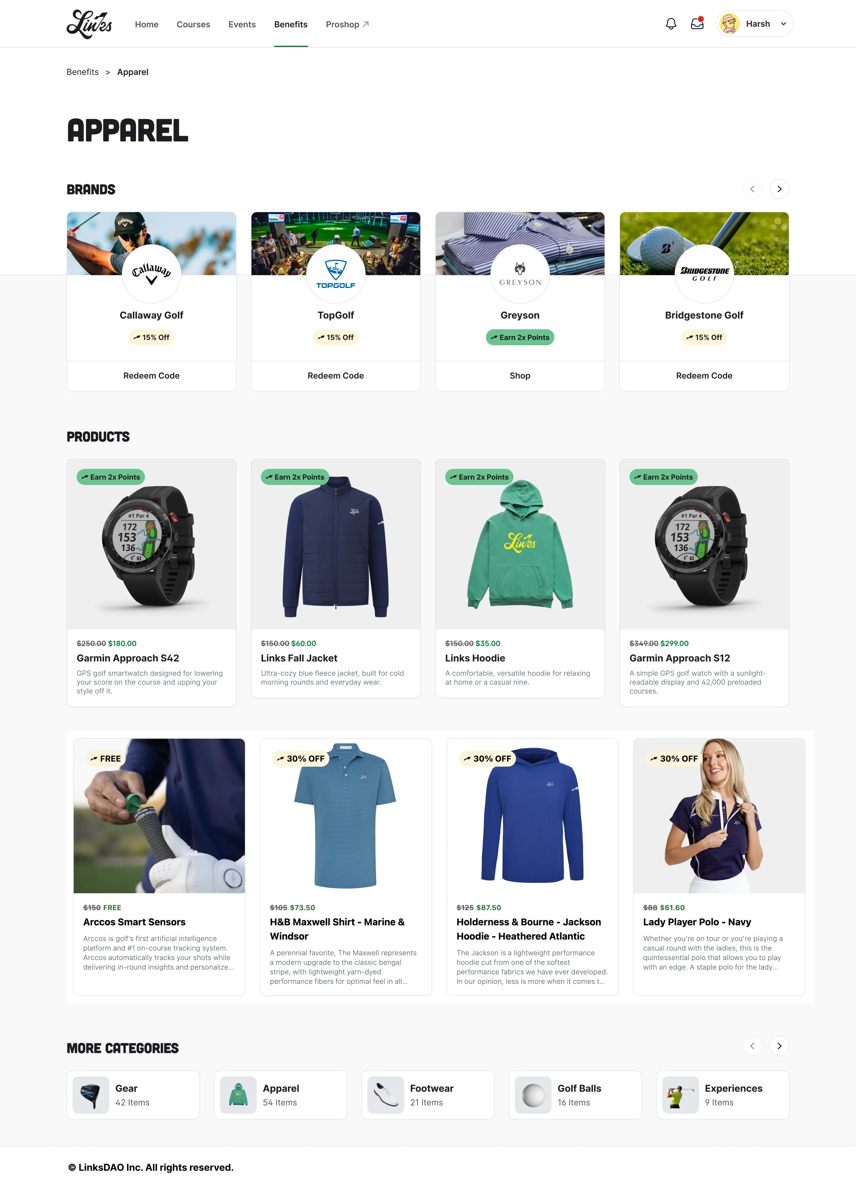 The Apparel category page: four brand cards with discount or points tags and action buttons, above a grid of product cards with the same tags.