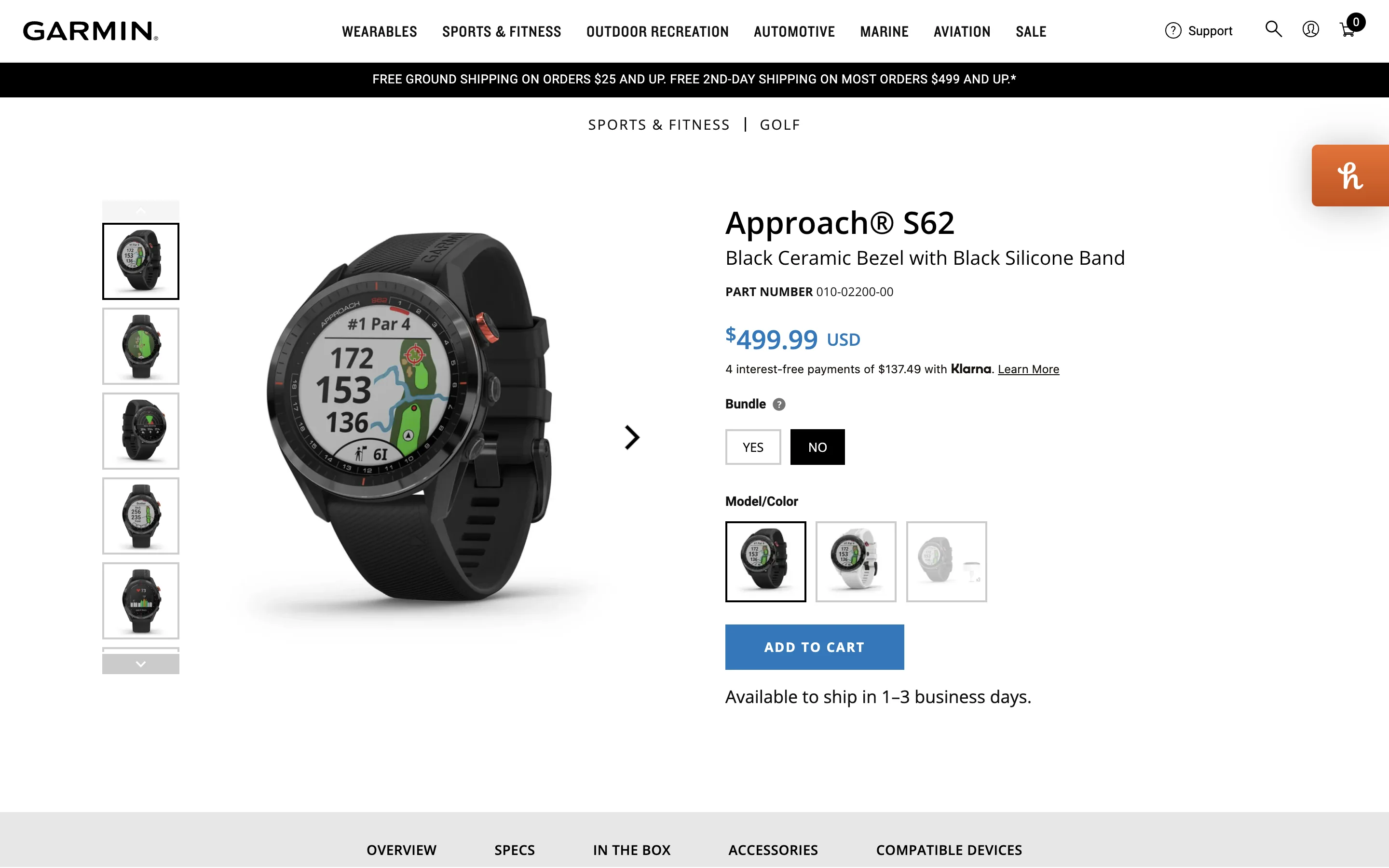 Garmin's own product page for the same watch, opened from the Clubhouse.
