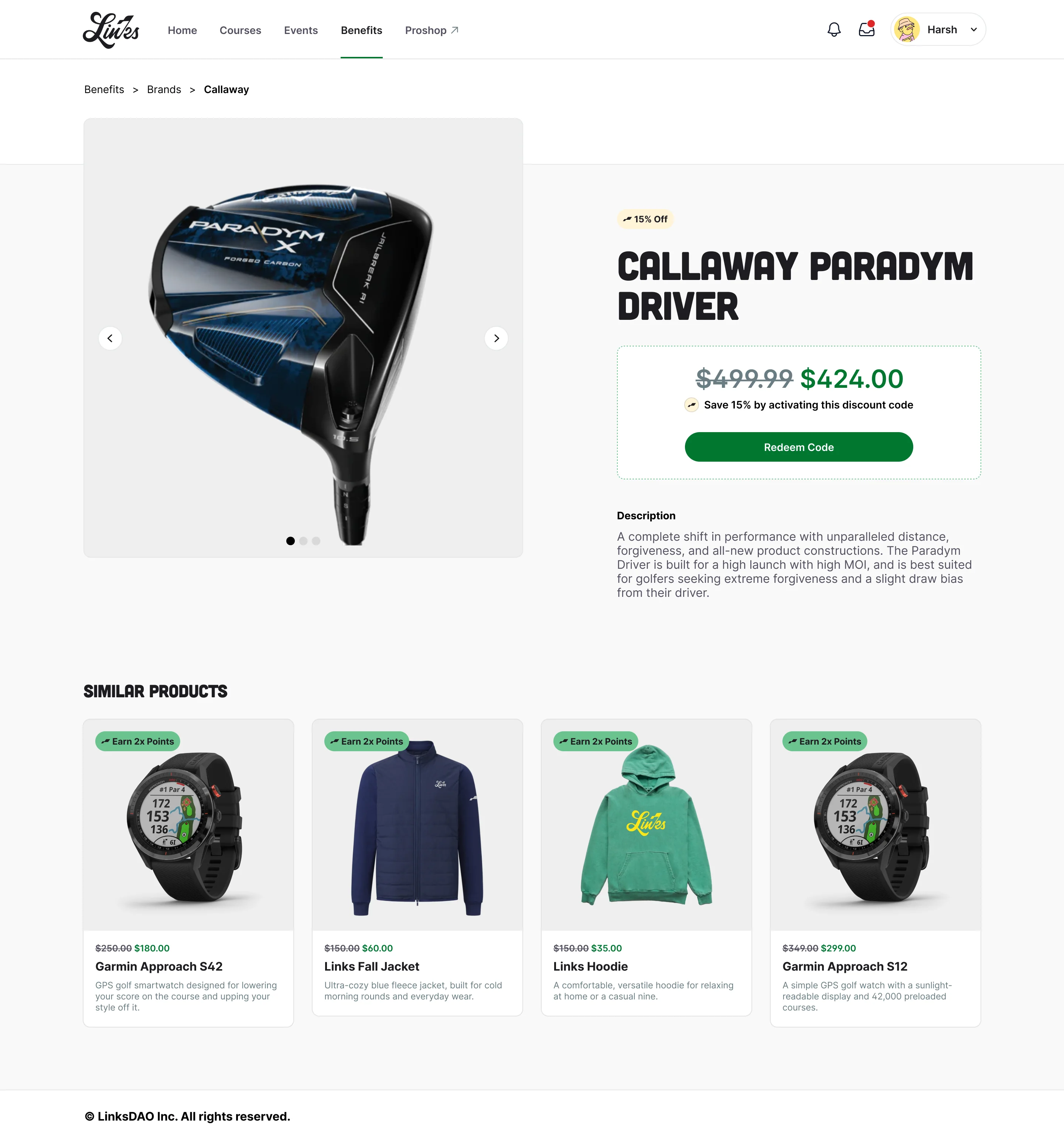A Callaway driver product page with a 15% Off tag, the discounted price and a Redeem Code button.