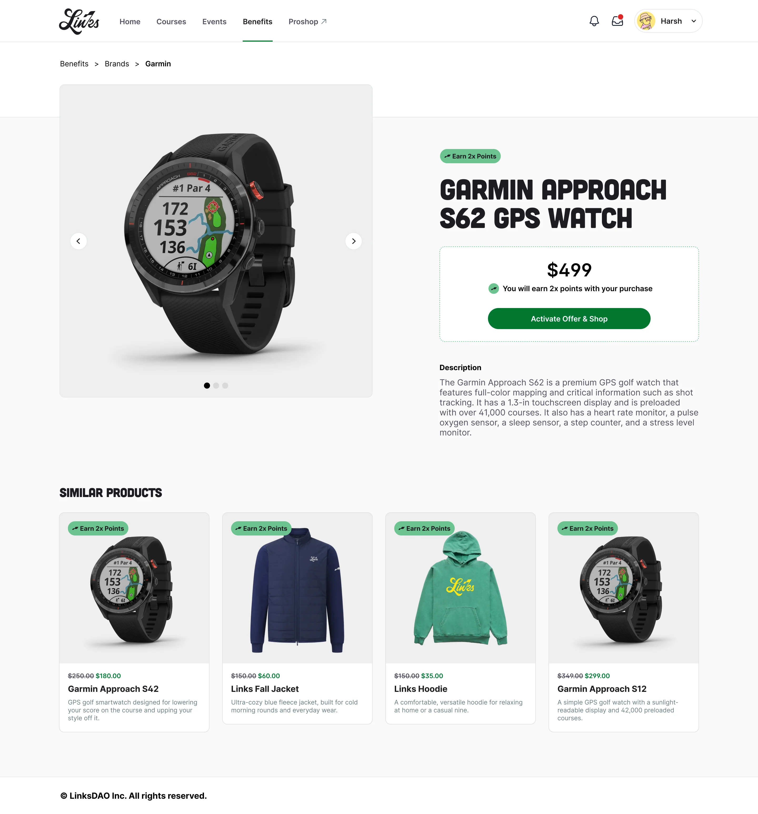 A Garmin watch product page with an Earn 2x Points tag and an Activate Offer and Shop button.