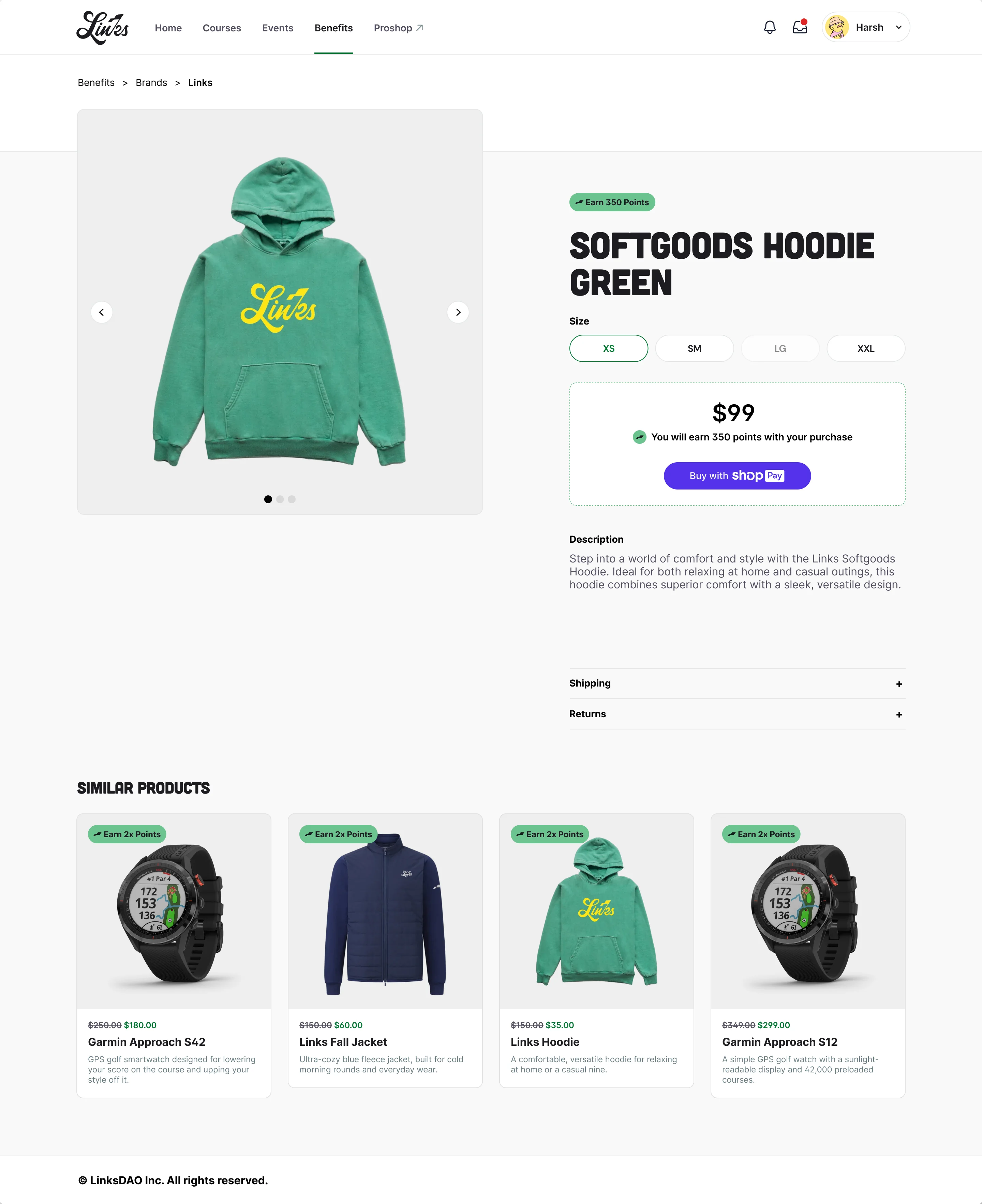 A Links hoodie product page with a size picker, an Earn 350 Points tag and a Buy with Shop Pay button.