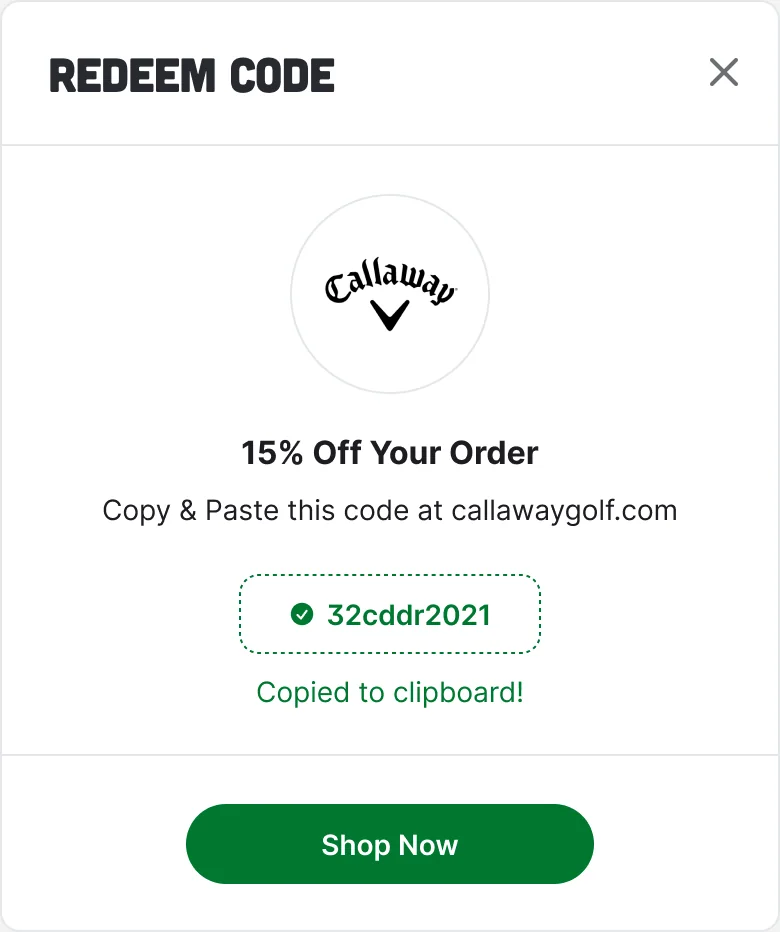The Redeem Code modal: 15% off your order, a code marked as copied to the clipboard, and a Shop Now button.