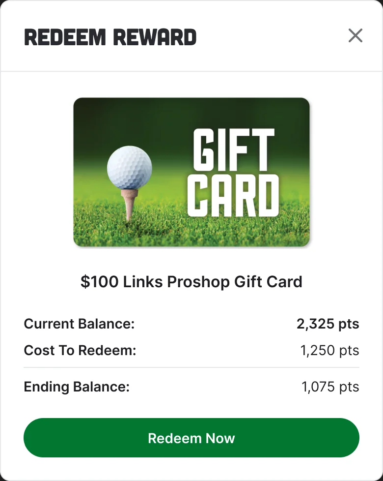 The Redeem Reward modal for a $100 gift card: current balance 2,325 points, cost 1,250 points, ending balance 1,075 points.