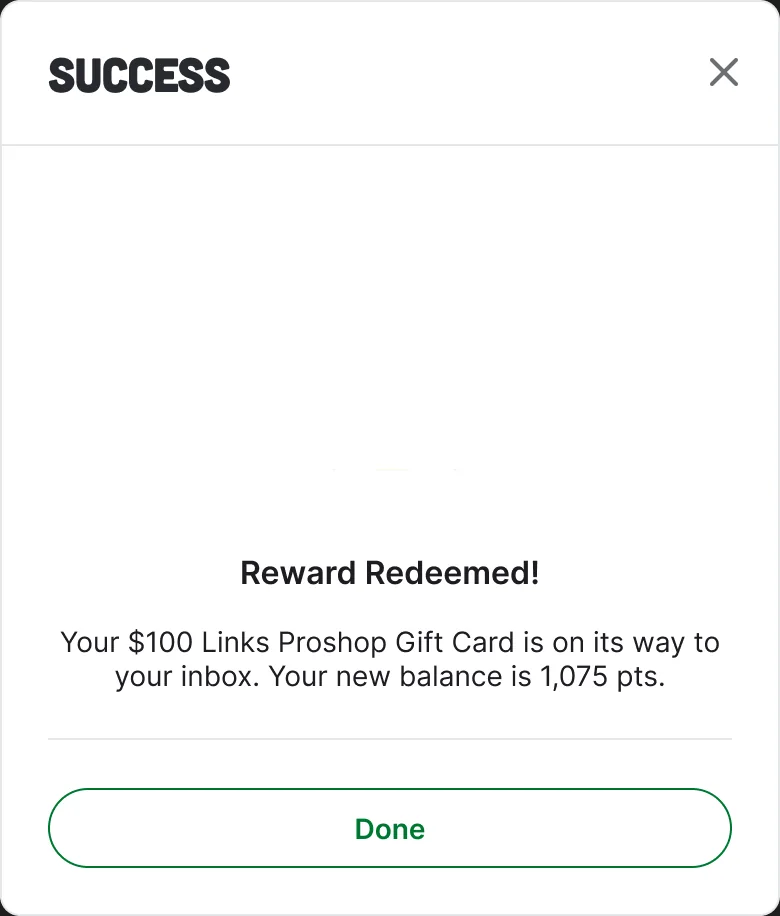 The Success modal: a gift box opens, the reward is redeemed, the gift card is on its way, and the new balance is 1,075 points.