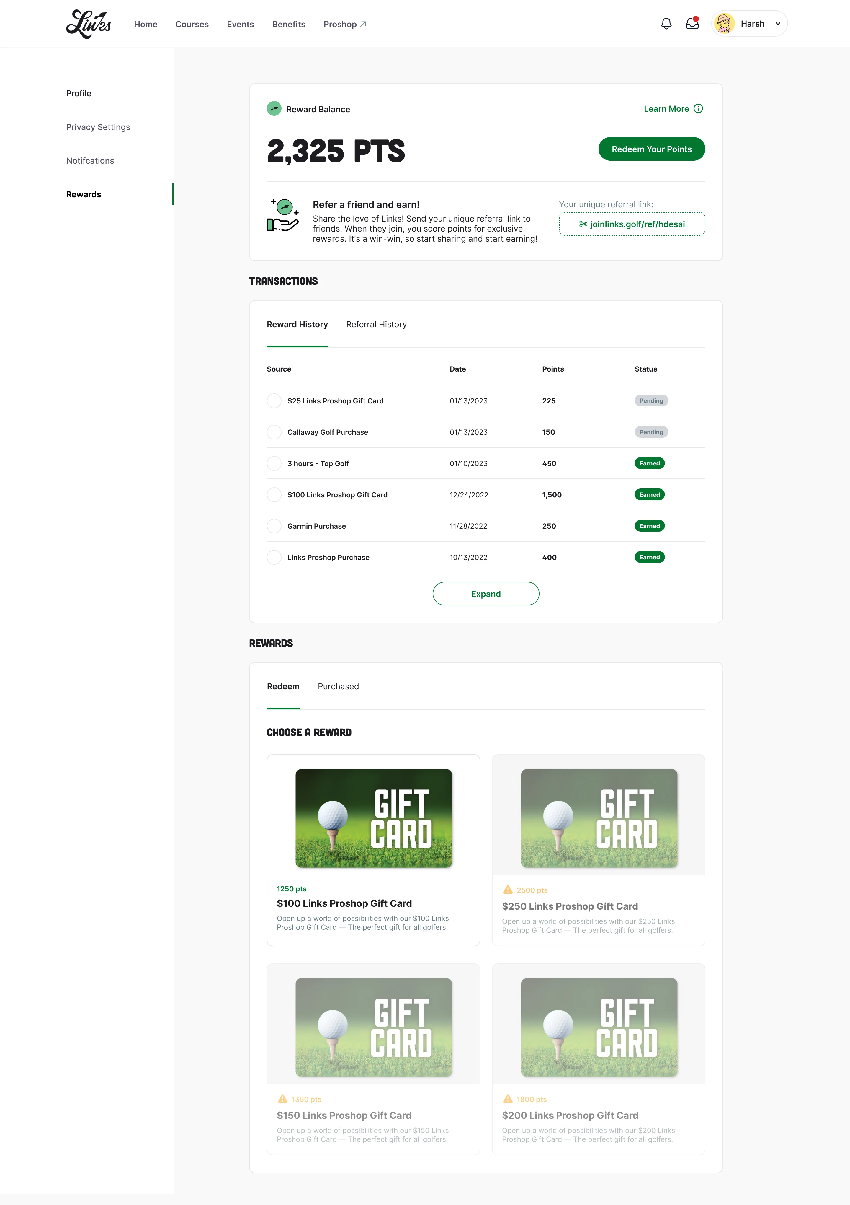The Rewards page: a balance of 2,325 points, a referral link, a history of pending and earned points, and rewards to choose from.